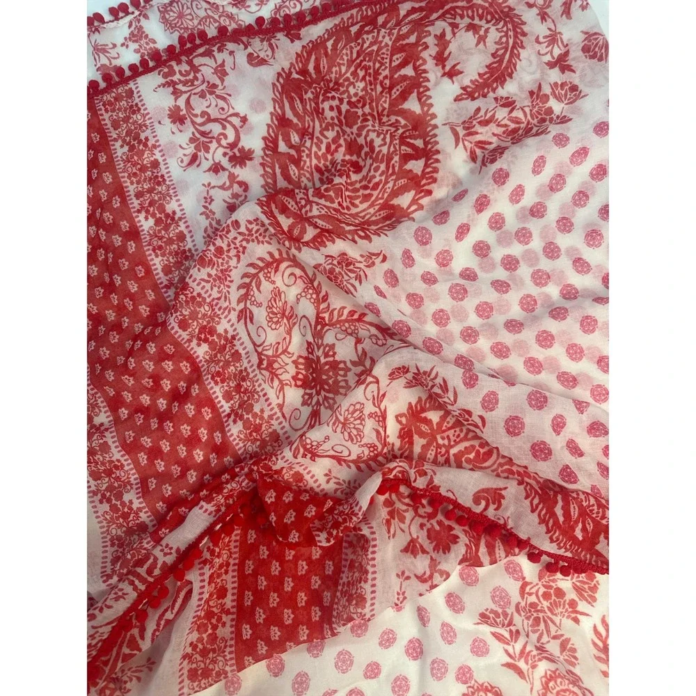 Studio S Red White Paisley Pom Pom Infinity Scarf Boho Resort Garden Party‎ OS